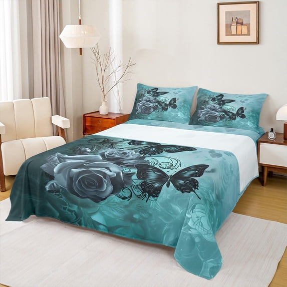 Manfei Romantic Rose Flower Full Size Sheets, Cartoon Butterfly Animal Bed Sheets, Valentines Day Sheet Sets, Super Cozy Room Decor, 4-Piece