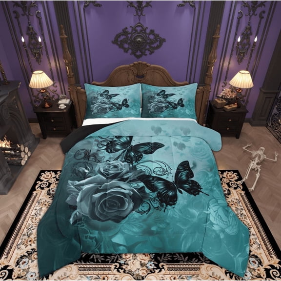Manfei Romantic Rose Flower Queen Comforter Set, Cartoon Butterfly Animal Bedding Sets, Valentines Day Reversible Bedding Comforter Set, Super Cozy Room Decor, 3-Piece
