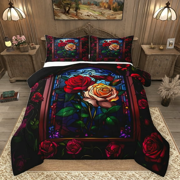 Homewish Romantic Rose Flwoer Bedding Comforter Set, Bohemian Western Plant Twin Comforter Sets, Teens Adult Female Reversible Bedding Set, Lightweight Room Decor, 2 Pieces