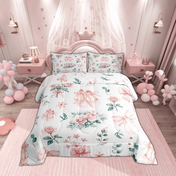 Manfei Romantic Rose Full Size Comforter Sets for Kids, Princess Cute Bowknot Bow Bedding Comforter Set, Flower Floral Bedding Sets, Ultra Soft Home Decor, 3 Pieces
