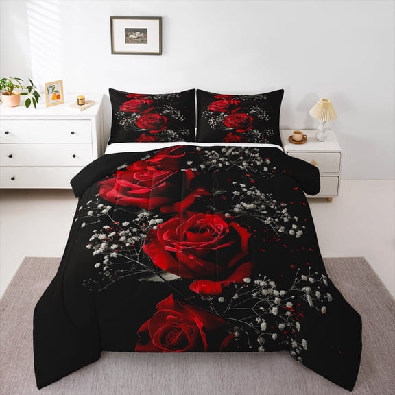 Manfei Romantic Rose Queen Comforter Set for Lover, Couple Valentines Day Bedding Comforter Set, Black Red Reversible Bedding Set, Luxury Bedroom Decor, 3 Pieces