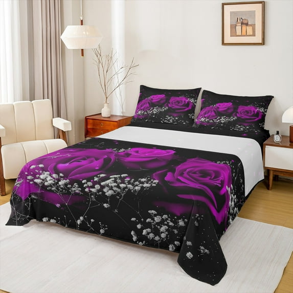 Manfei Romantic Rose Queen Sheet Sets for Lover, Couple Valentines Day Flat Sheet, Black Purple Queen Fitted Sheet, Microfiber Bedroom Decor, 4 Pieces