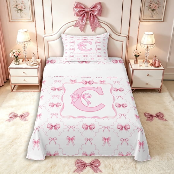 Manfei Romantic Shabby Chic C Personalized Initial Twin Sheet Sets 3pcs for Girls Teens,Kids Princess Style Bow Knot Plaid Bedding,Microfiber Bedroom Decor