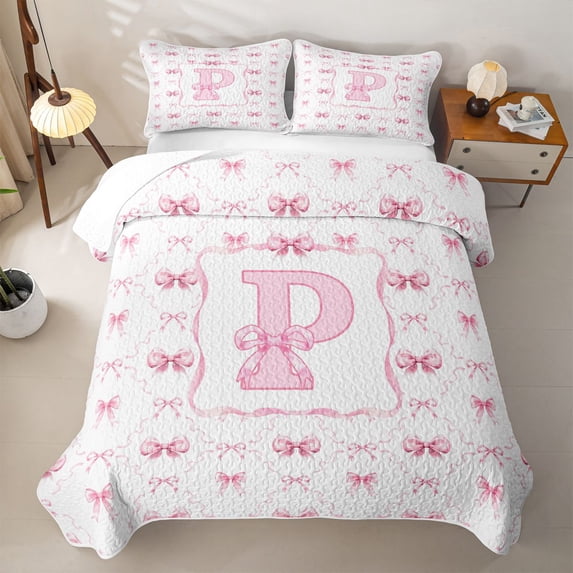 Manfei Romantic Shabby Chic P Personalized Initial Twin Quilt Set for Girls Teens,Princess Style Bow Knot Plaid Twin Coverlet Set