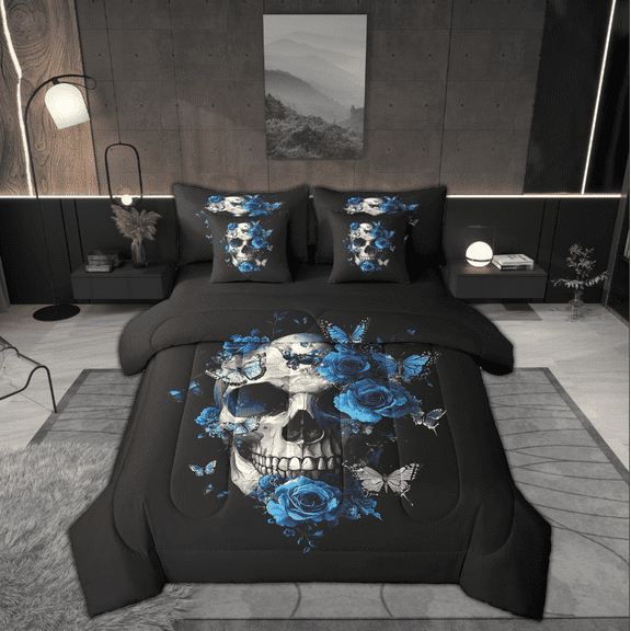 Manfei Romantic Skull Bed in a Bag King size, Blue Rose Bed Set, Dreamy Butterfly Reversible Bedding King Size, Breathable Bedroom Decoration, 7pcs