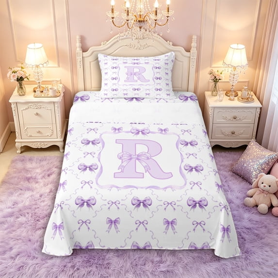 Manfei Romantic Sweet Bowknot Letter R Monogrammed Twin Sheet Sets 3pcs for Kids Teens,Dreamy Purple Initial Bow Bedding for Girls Women,Super Cozy Room Decor