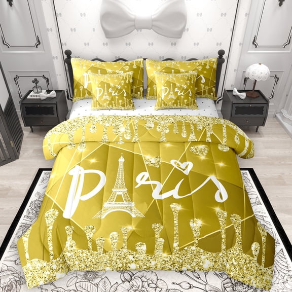 Manfei Romantic Valentines Day 7-Piece Bedding Comforter Set, Glitter Yellow Diamond King Bedding Sets, Teens Adult Reversible Bed Sheets, Luxury Bedroom Decor