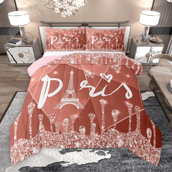 Manfei Romantic Valentines Day Queen Comforter Set, Glitter Salmon Diamond Bedding Sets, Teens Adult Reversible Bedding Comforter Set, Microfiber Bedroom Decor, 3pcs