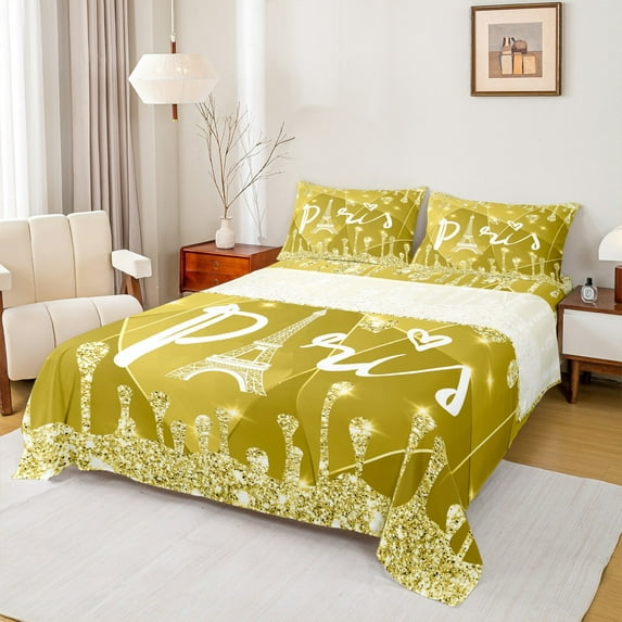 Manfei Romantic Valentines Day Queen Sheet Sets, Glitter Yellow Diamond Flat Sheet, Teens Adult Queen Fitted Sheet, Luxury Bedroom Decor, 4pcs