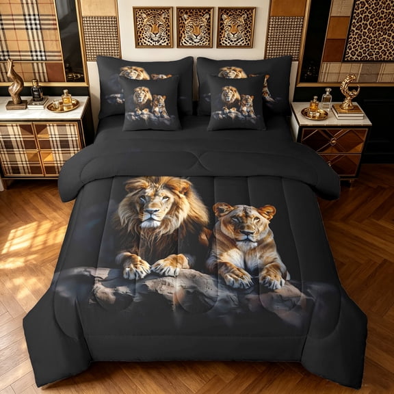 Manfei Romantic Wildlife Queen Bedding, Couple Lion Bedding Comforter Set Queen, Black Brown, Black Reversible, 7pcs