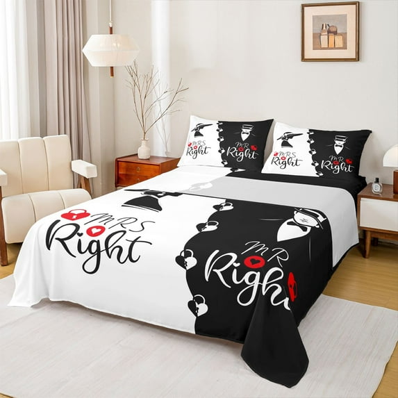 Homewish Romantic Woman Man Bed Sheets, Couple Anniversary King Sheets, Valentines Day Black White Lightweight Room Decor, 4pcs