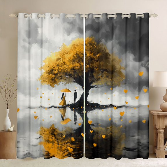 Manfei Romantic Yellow Tree Boy Girl Black Out Curtains,Happy Valentine's Day Curtains Pack of 2 (42x63 Each),Sweet Lover Couple Bedroom Curtains,Super Cozy Room Decor