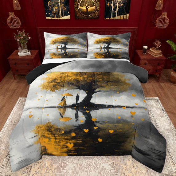 Manfei Romantic Yellow Tree Boy Girl Full Size Comforter Sets 3-Piece,Happy Valentine's Day Bedding Comforter Set,Sweet Lover Couple Lightweight Bedding Sets,Super Cozy Room Decor,Reversible