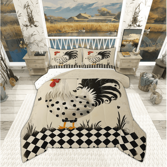 Manfei Rooster Print Bedding Comforter Set for Teen, Kawaii Farmhouse Animal Twin Comforter Sets, Rustic Buffalo Reversible Bedding Set, Microfiber Bedroom Decor, 2 Pieces