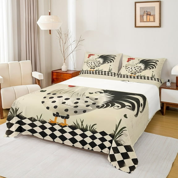 Manfei Rooster Print Full Size Sheets for Teen, Kawaii Farmhouse Animal Bed Sheets, Rustic Buffalo Sheet Sets, Microfiber Bedroom Decor, 4 Pieces