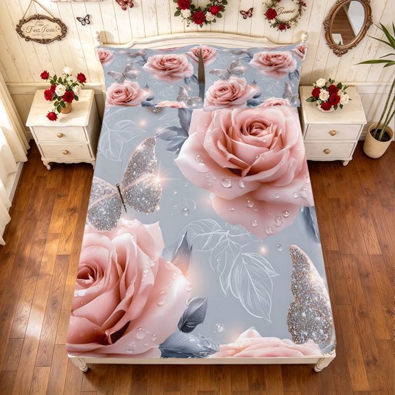 Manfei Rose Butterfly Twin Fitted Sheet, Modern Fashion Bedding, Rose Pink, 2-Piece, 1 Fitted Sheet and 1 Pillowcase