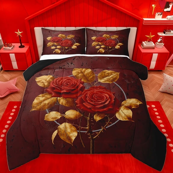 Manfei Rose Flower Floral Queen Comforter Set, Gold Leaf Plant Bedding Sets, Romantic Valentines Day Reversible Bedding Comforter Set, Super Cozy Room Decor, 3-Piece