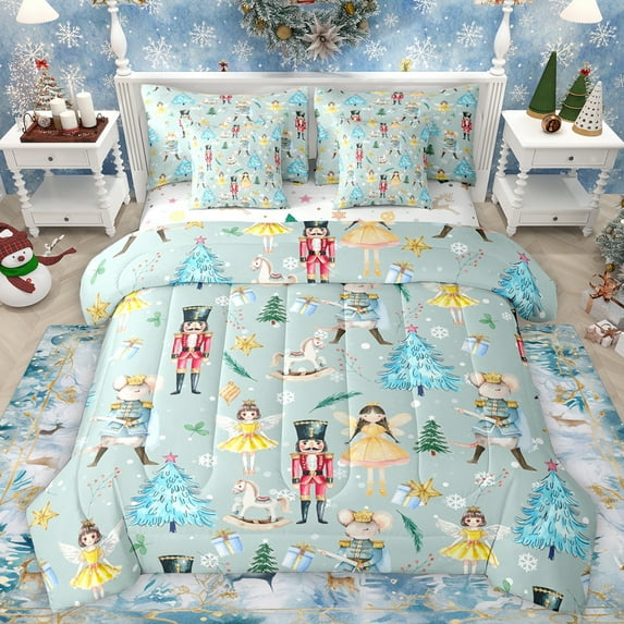 Manfei Royal Nutcracker Guard Bedding Comforter Set 7pcs for Teens, Blue Xmas Tree Queen Bedding Sets, Fairy Tale Princess Reversible Queen Sheet Sets, Breathable Home Decor