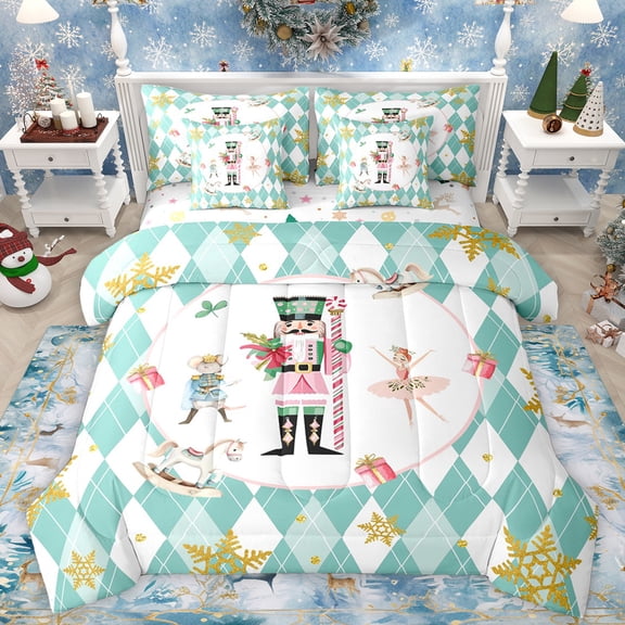 Manfei Royal Nutcracker Guard Bedding Comforter Set 7pcs for Teens, Retro Blue Buffalo King Bedding Sets, Fairy Tale Princess Reversible Bed Sheets, Lightweight Room Decor