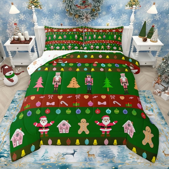 Manfei Royal Nutcracker Guard Full Size Comforter Sets for Kids, Kawaii Santa Claus Bedding Comforter Set, Green Christmas Reversible Bedding Sets, Luxury Bedroom Decor, 3pcs