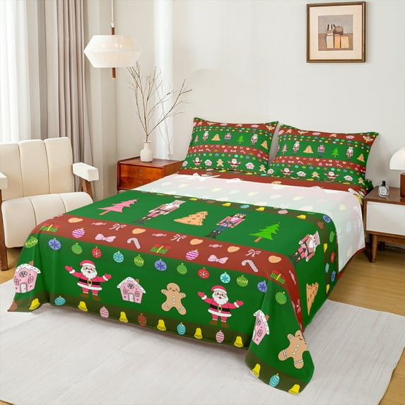 Manfei Royal Nutcracker Guard Queen Sheet Sets for Kids, Kawaii Santa Claus Flat Sheet, Green Christmas Queen Fitted Sheet, Luxury Bedroom Decor, 4pcs