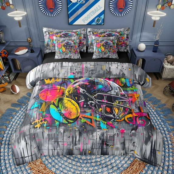 Manfei Rugby Ball Game 7-Piece Twin Bedding Sets,American Ball Sport Sport Bedding Comforter Set,Retro Multicolor Graffiti Sheet Sets For Girls Kids,Super Cozy Room Decor Reversible