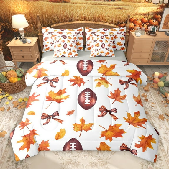 Manfei Rugby Ball Game 7-Piece Twin Bedding Sets,Hello Fall Bedding Comforter Set,Autumn Maples Sheet Sets For Boys Teens,Breathable Home Decor Reversible