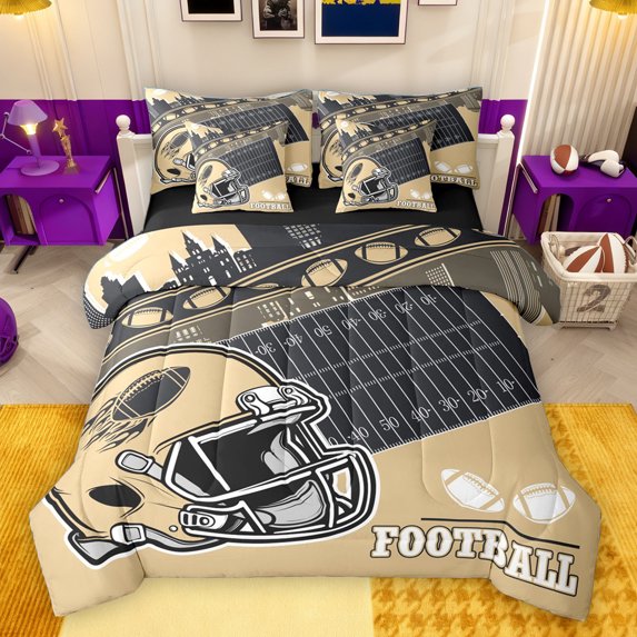 Manfei Rugby Ball Game 7 Pieces Bedding Comforter Set,Football Sport Theme Full Bedding Set,Brown Black Helmet Fitted Sheet Flat Sheet For Boys Teens,Super Cozy Room Decor Reversible