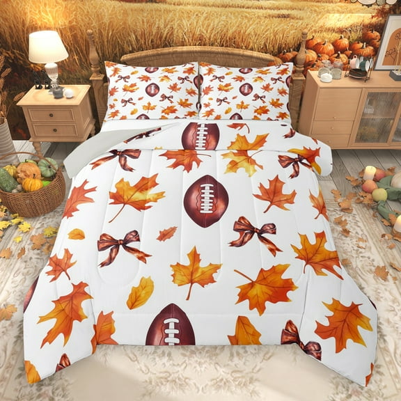 Manfei Rugby Ball Game Bedding Comforter Set,Hello Fall Twin Comforter Sets,Autumn Maples Bedding Set For Boys Teens,Breathable Home Decor Reversible,2pcs