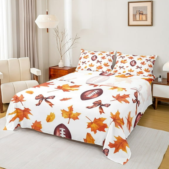 Manfei Rugby Ball Game Twin Sheet Sets,Hello Fall Twin Fitted Sheet,Autumn Maples Flat Sheet For Boys Teens,Breathable Home Decor,3pcs