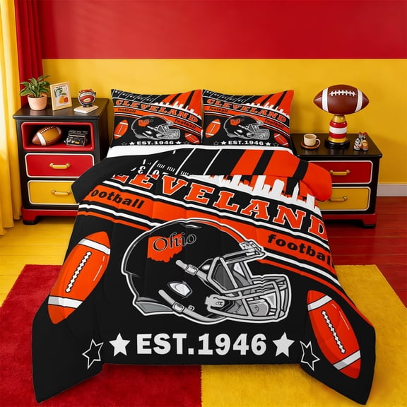 Manfei Rugby City Silhouette Bedding Comforter Set,Sports Theme Twin Comforter Sets,Cleveland Bedding Set For Teens,Ultra Soft Bedroom Decor Reversible,2pcs