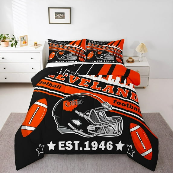 Manfei Rugby City Silhouette Full Size Comforter Sets,Sports Theme Bedding Comforter Set,Cleveland Bedding Sets For Teens,Ultra Soft Bedroom Decor Reversible,3-Piece