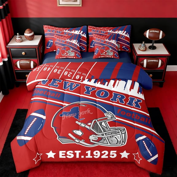 Manfei Rugby City Silhouette Twin Bedding Sets 7 Pieces,Sports Theme Bedding Comforter Set 7 Pieces,New York Sheet Sets For Teens,Ultra Soft Bedroom Decor Reversible
