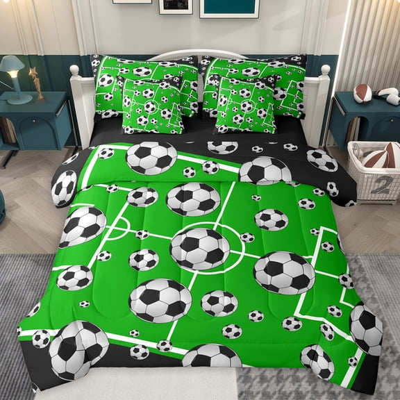 Manfei Rugby Football Soccer Twin Bedding Sets 7-Piece for Kids, Ball Game Lover Bedding Comforter Set, Green Cartoon Reversible Sheet Sets, Super Cozy Room Decor