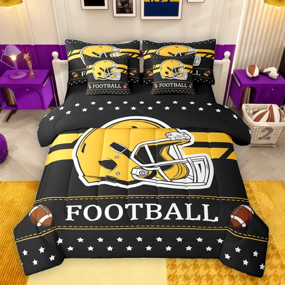 Manfei Rugby Football Sport 7-Piece Twin Bedding Sets,Ball Game Gamer Bedding Comforter Set,Yellow Black Helmet Sheet Sets For Teens,Breathable Home Decor Reversible
