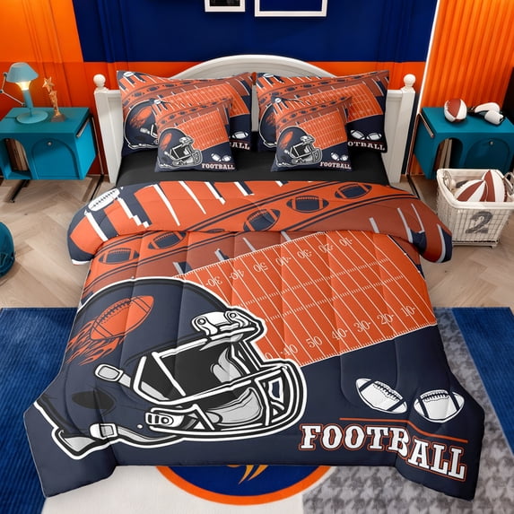 Manfei Rugby Football Sport 7 Pieces Bedding Comforter Set,American Ball Game Full Bedding Set,Orange Deepblue Fitted Sheet Flat Sheet For Boys,Luxury Bedroom Decor Reversible