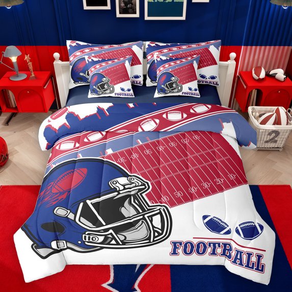 Manfei Rugby Football Sport 7pcs Bedding Comforter Set,Ball Game Gaming Queen Bedding Sets,Red Blue White Queen Sheet Sets For Boys,Luxury Bedroom Decor Reversible