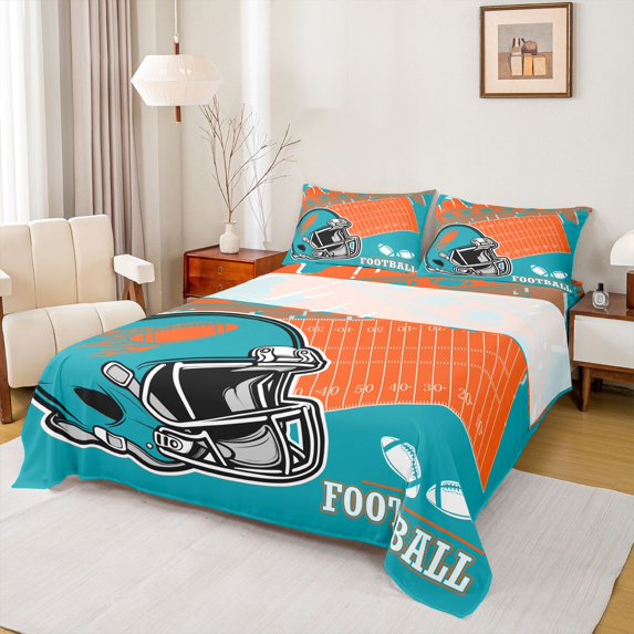 Manfei Rugby Game Gamer Bed Sheets,Football Sport Lover King Sheets,Cyan Orange Sheet Set For Teens,Breathable Home Decor,4-Piece
