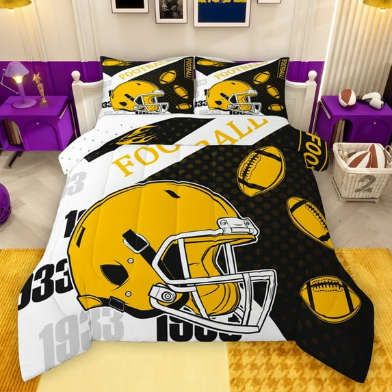 Manfei Rugby Game Gamer Bedding Comforter Set,Football Sport Lovers Twin Comforter Sets,Black White Yellow Bedding Set For Men Women,Breathable Home Decor Reversible,2 Pieces