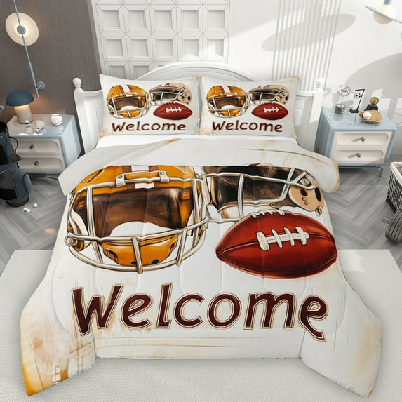Manfei Rugby Gamer Queen Comforter Set,Football Sport Theme Bedding Sets,Brown Beige Bedding Comforter Set For Teens,Super Cozy Room Decor Reversible,3-Piece