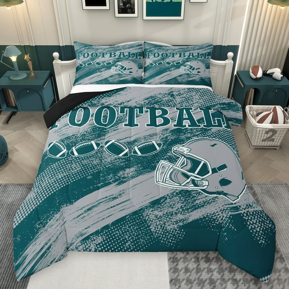 Manfei Rugby Helmet Full Size Comforter Sets,Football Sport Lover Bedding Comforter Set,Green Gray Bedding Sets For Boys Teens,Microfiber Bedroom Decor Reversible,3 Pieces
