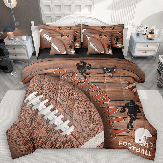 Manfei Rugby Print Bedding Comforter Set 7 Pieces, American Football Queen Bedding Sets, Brown Old Barn Door Queen Sheet Sets, Lightweight Room Decor