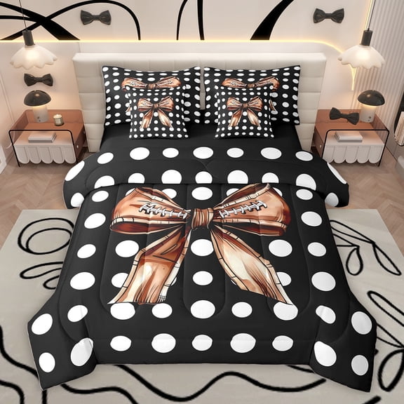 Homewish Rugby Ribbon Teens Bedding Comforter Set 7pcs, Fashion Abstract King Bedding Sets, Black White Polkadots Reversible Bed Sheets, Lightweight Room Decor