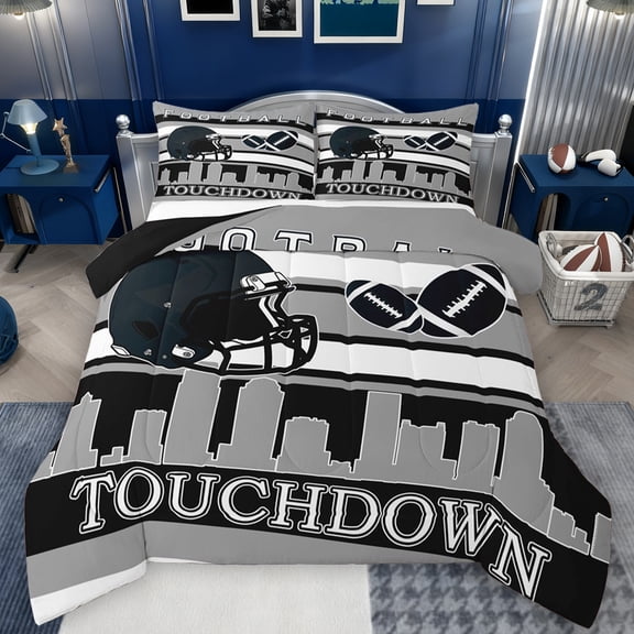 Manfei Rugby Soccer Sports Queen Comforter Set, Black Grey Abstract Stripes Bedding Sets, Teens Kids Boys Girls Reversible Bedding Comforter Set, Microfiber Bedroom Decor, 3-Piece