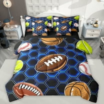 Manfei Rugby Sport 7-Piece Twin Bedding Sets,Football Game Gamer Bedding Comforter Set,Blue Geometric Honeycomb Hexagon Sheet Sets For Boys,Microfiber Bedroom Decor Reversible