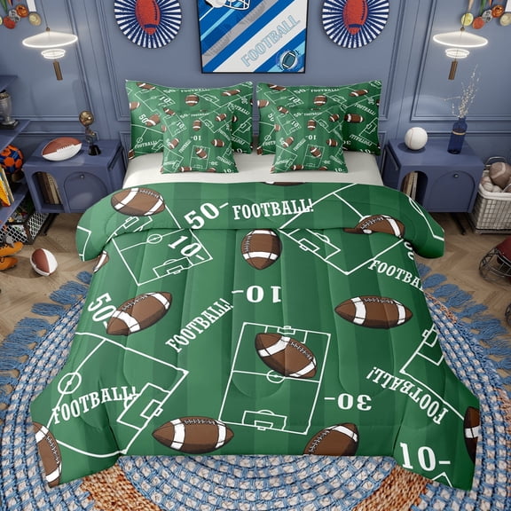 Manfei Rugby Sport 7pcs Bedding Comforter Set,American Ball Sport Queen Bedding Sets,Green Brown Queen Sheet Sets For Boys Kids,Ultra Soft Home Decor Reversible