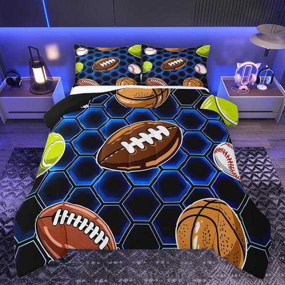 Manfei Rugby Sport Bedding Comforter Set,Football Game Gamer Twin Comforter Sets,Blue Geometric Honeycomb Hexagon Bedding Set For Boys,Microfiber Bedroom Decor Reversible,2 Pieces