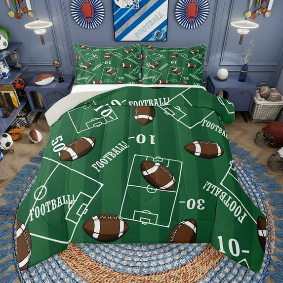 Manfei Rugby Sport Queen Comforter Set,American Rugby Games Bedding Sets,Green Brown Bedding Comforter Set For Boys Kids,Ultra Soft Home Decor Reversible,3 Pieces