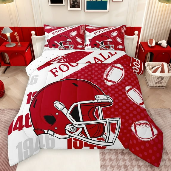 Manfei Rugby Sport Queen Comforter Set,Football Sport Helmet Bedding Sets,Red White Bedding Comforter Set For Boy,Microfiber Bedroom Decor Reversible,3pcs