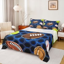 Manfei Rugby Sport Twin Sheet Sets,Football Game Gamer Twin Fitted Sheet,Blue Geometric Honeycomb Hexagon Flat Sheet For Boys,Microfiber Bedroom Decor,3 Pieces
